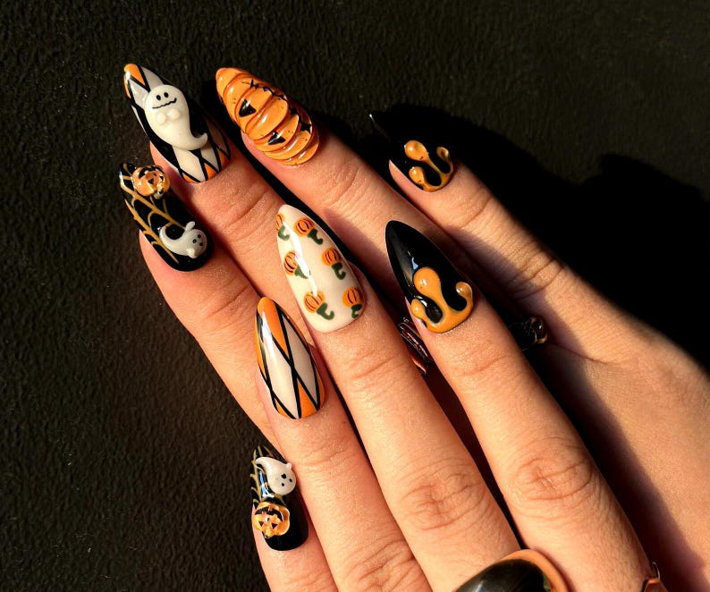 Pumpkin Haunted Night Press On Nails | 3D Ghost Pumpkin Nail Art | Handmade Halloween Nail Design | Black & Orange Press Ons | HB102HC