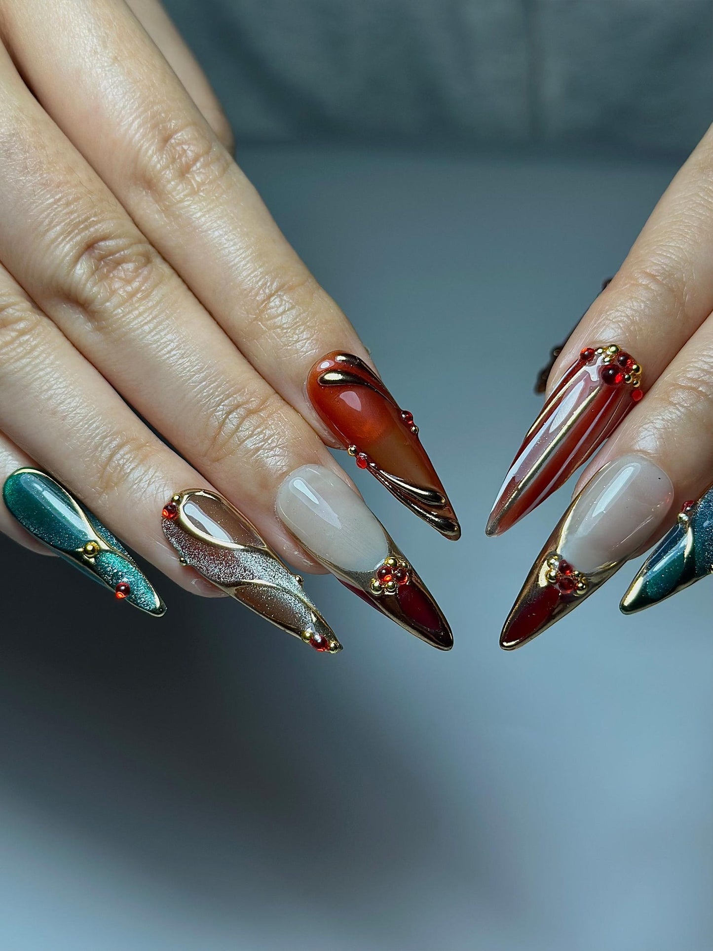 Chrome Glam Press On Nails | Red Green Gold Luxury Nails | Festive Glitter Stiletto Nails | Handmade Elegant Press Ons | DC1047HC
