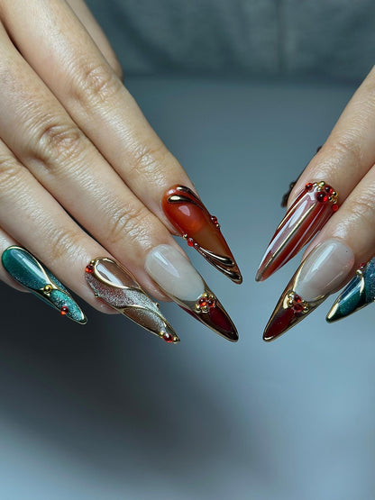 Chrome Glam Press On Nails | Red Green Gold Luxury Nails | Festive Glitter Stiletto Nails | Handmade Elegant Press Ons | DC1047HC