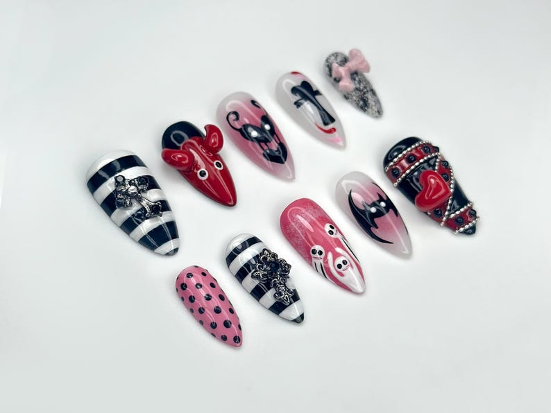 Sinister Love Gothic Press On Nails | Black and Red Devil Nail Art | Striped And Polka Dot Creepy Nails | 3D Heart & Cross Accents |HB1070EC
