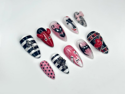 Sinister Love Gothic Press On Nails | Black and Red Devil Nail Art | Striped And Polka Dot Creepy Nails | 3D Heart & Cross Accents |HB1070EC