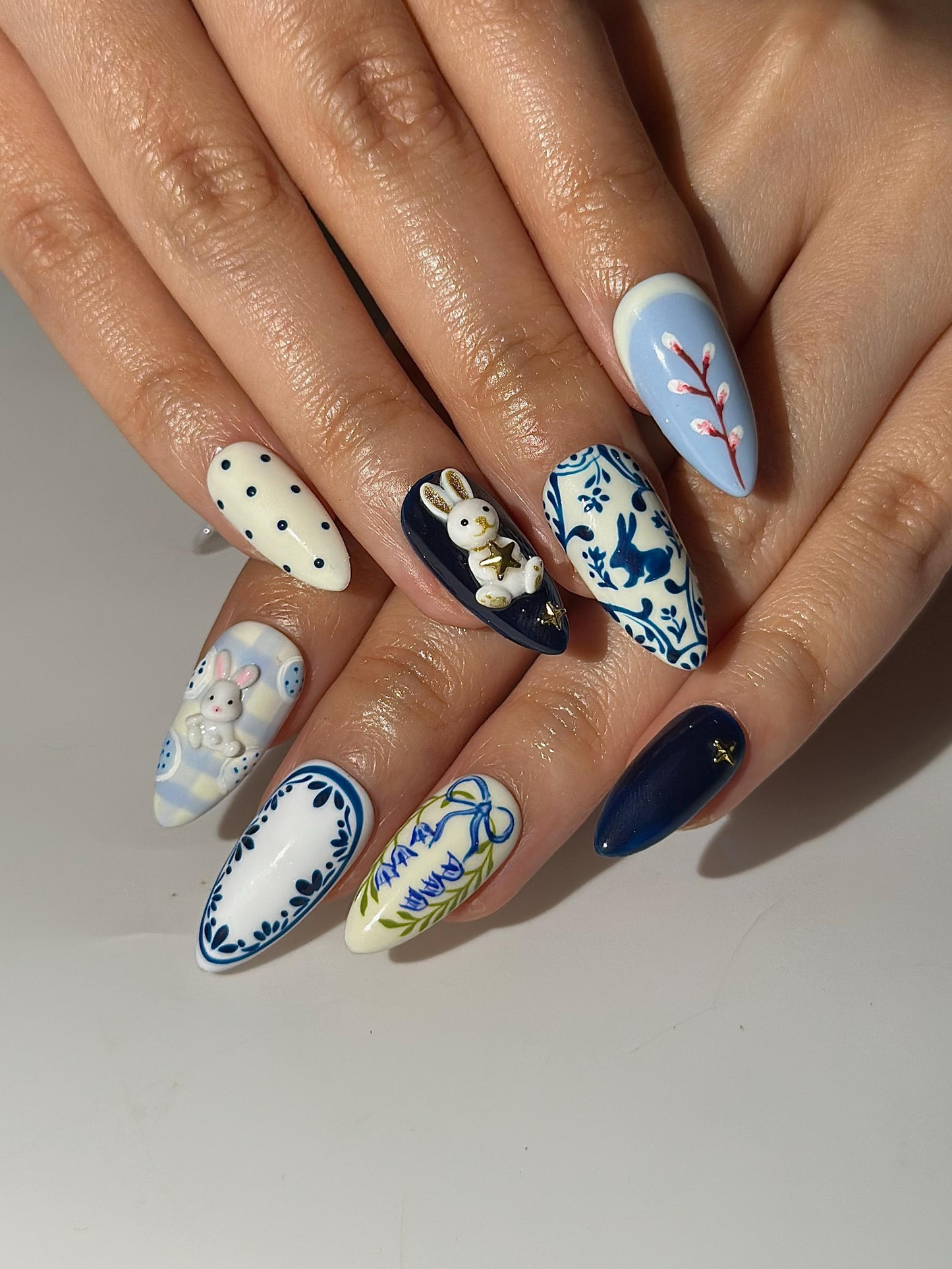 Easter Bunny Blue Press On Nails | 3D Rabbit Nail Art | Delft Blue Floral Nails | Cute Spring Easter Nail Set| Handmade Press Ons | HB1300HC