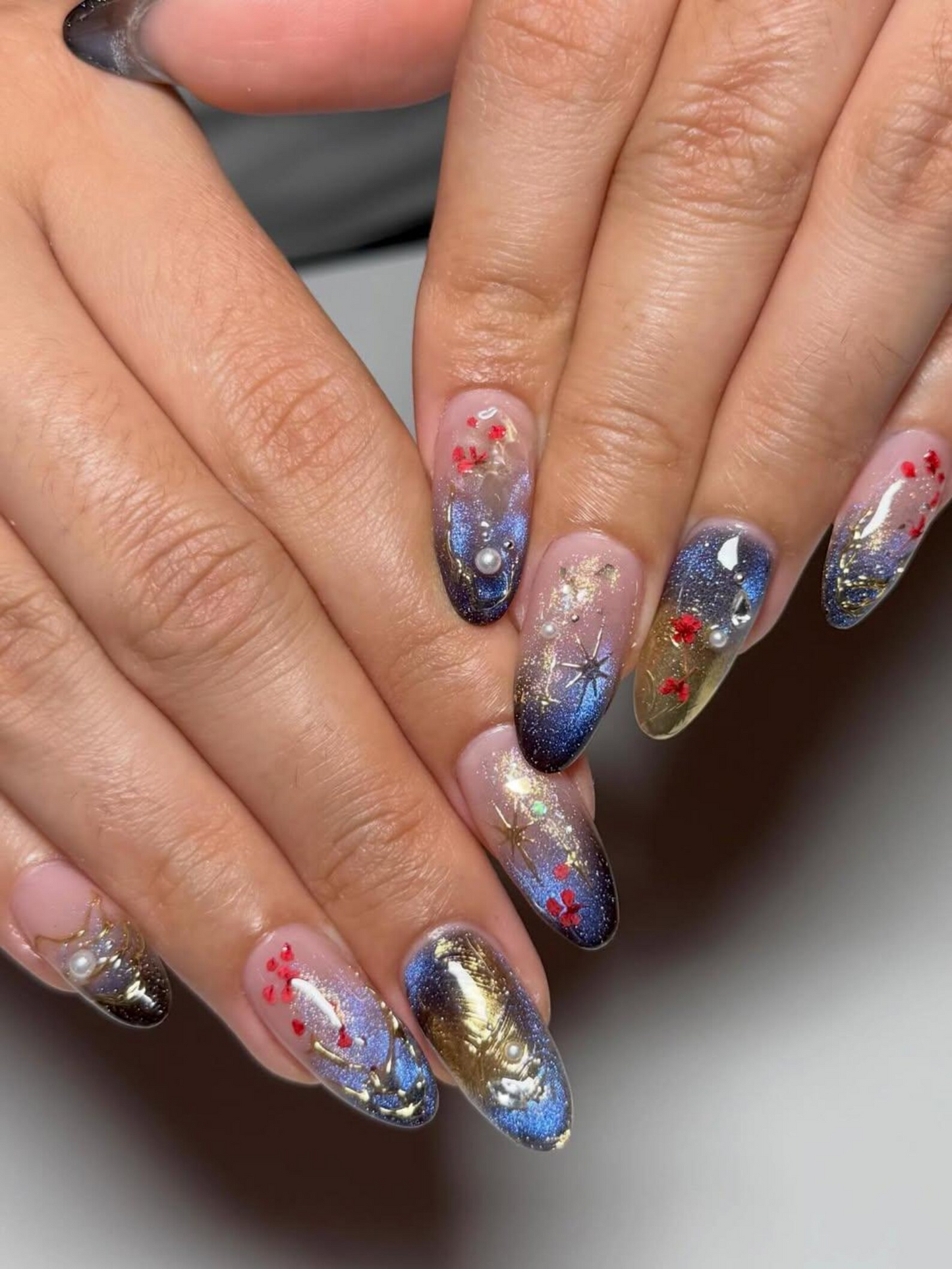 Luxury Navy Gold Press On Nails, Mystic Galaxy Floral Nails, Reusable Stiletto Nail with Gold Filigree and Shimmering Night Sky Art, JB307HC