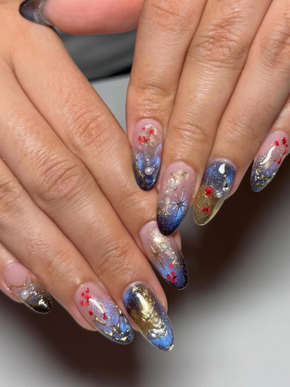 Luxury Navy Gold Press On Nails, Mystic Galaxy Floral Nails, Reusable Stiletto Nail with Gold Filigree and Shimmering Night Sky Art, JB307HC