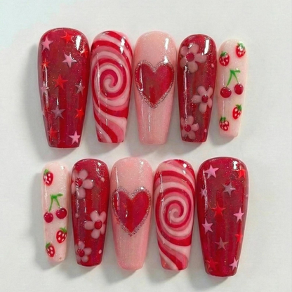 Combo Sweet Valentine Picnic Press On Nails 3D Heart Candy Cherry Nail Art Handmade Valentine Nail Set DB17L