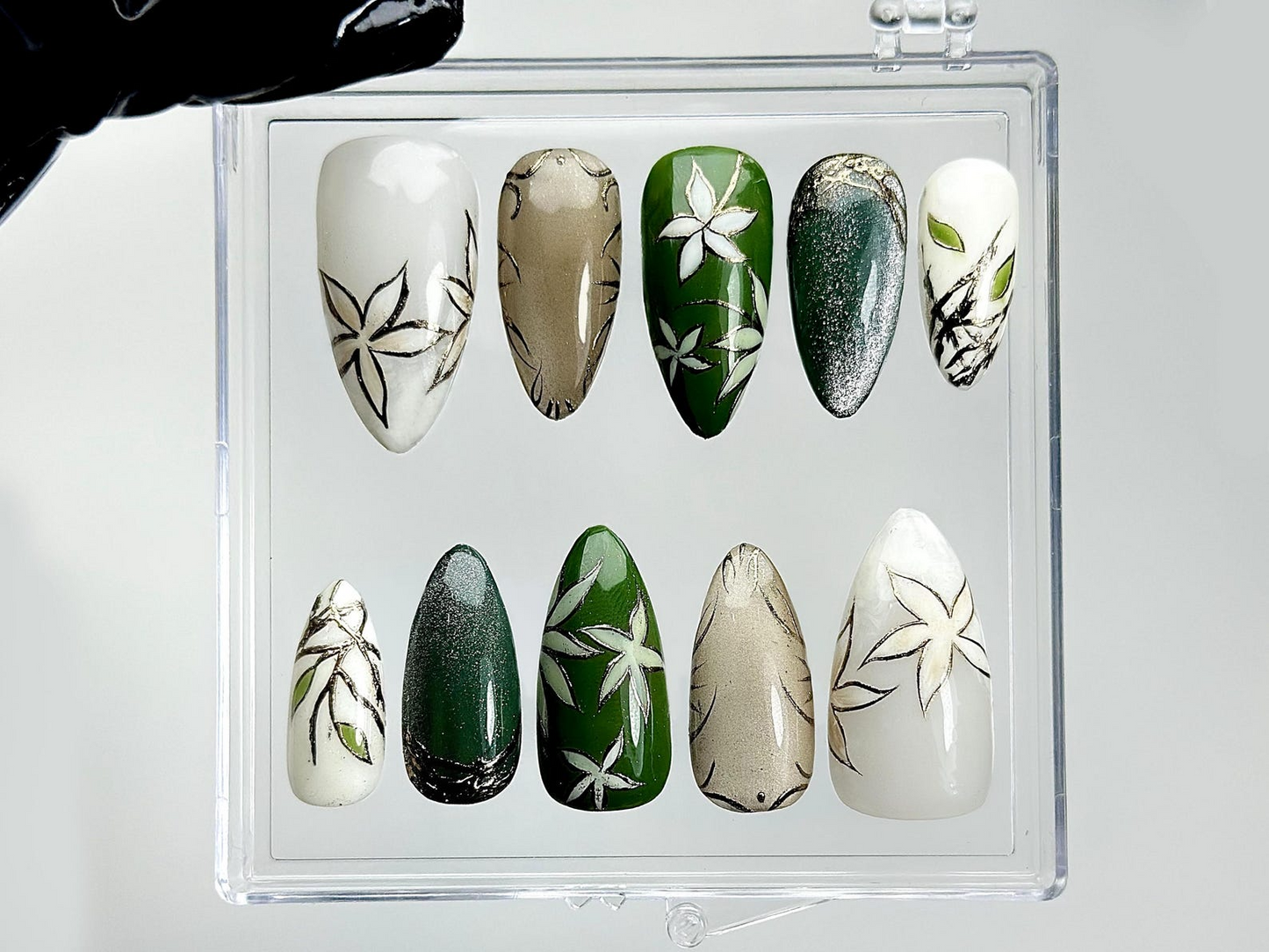 Jade Garden Serenity Press On Nails | Chinese Ink Painting Style | Lotus Bloom & Jade Charm Nails | Elegant Floral Nail Art | HB1018EK