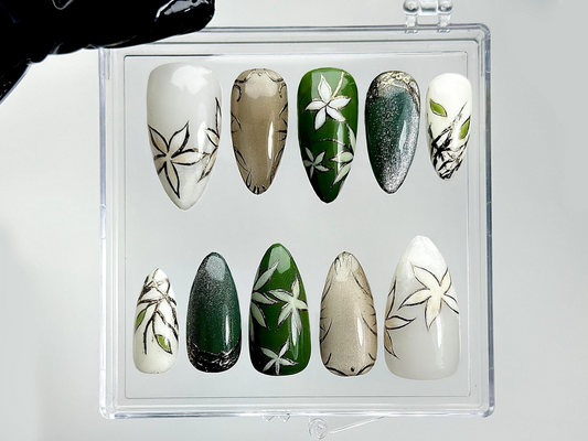 Jade Garden Serenity Press On Nails | Chinese Ink Painting Style | Lotus Bloom & Jade Charm Nails | Elegant Floral Nail Art | HB1018EK