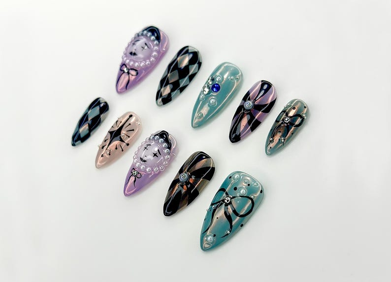 Harlequin Masquerade Halloween Press On Nails | Diamond Pattern & 3D Face Nail Art | Gothic Circus-Inspired Nails | HC1089EK