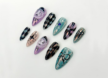 Harlequin Masquerade Halloween Press On Nails | Diamond Pattern & 3D Face Nail Art | Gothic Circus-Inspired Nails | HC1089EK