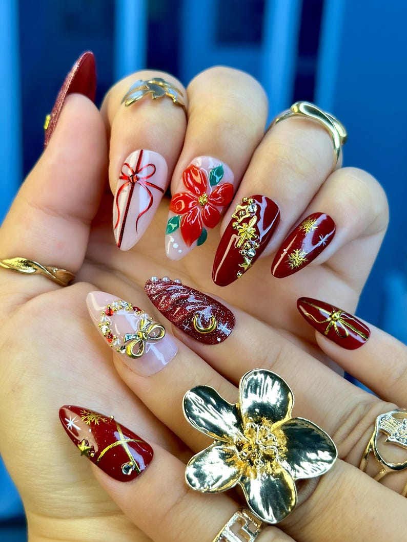 Floral Christmas Press On Nails | Red Gift Bow Nails | Luxury Winter Nail Art | Red Gold Holiday Nail Set | JB213EK