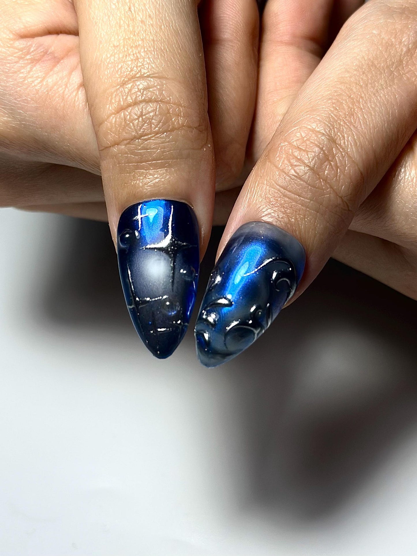 Galaxy Gothic Press On Nails | Dark Blue Chrome Cat Eye Nails | Celestial Star Night Nail Art | Handmade Cosmic Gel Nails | JB328IC