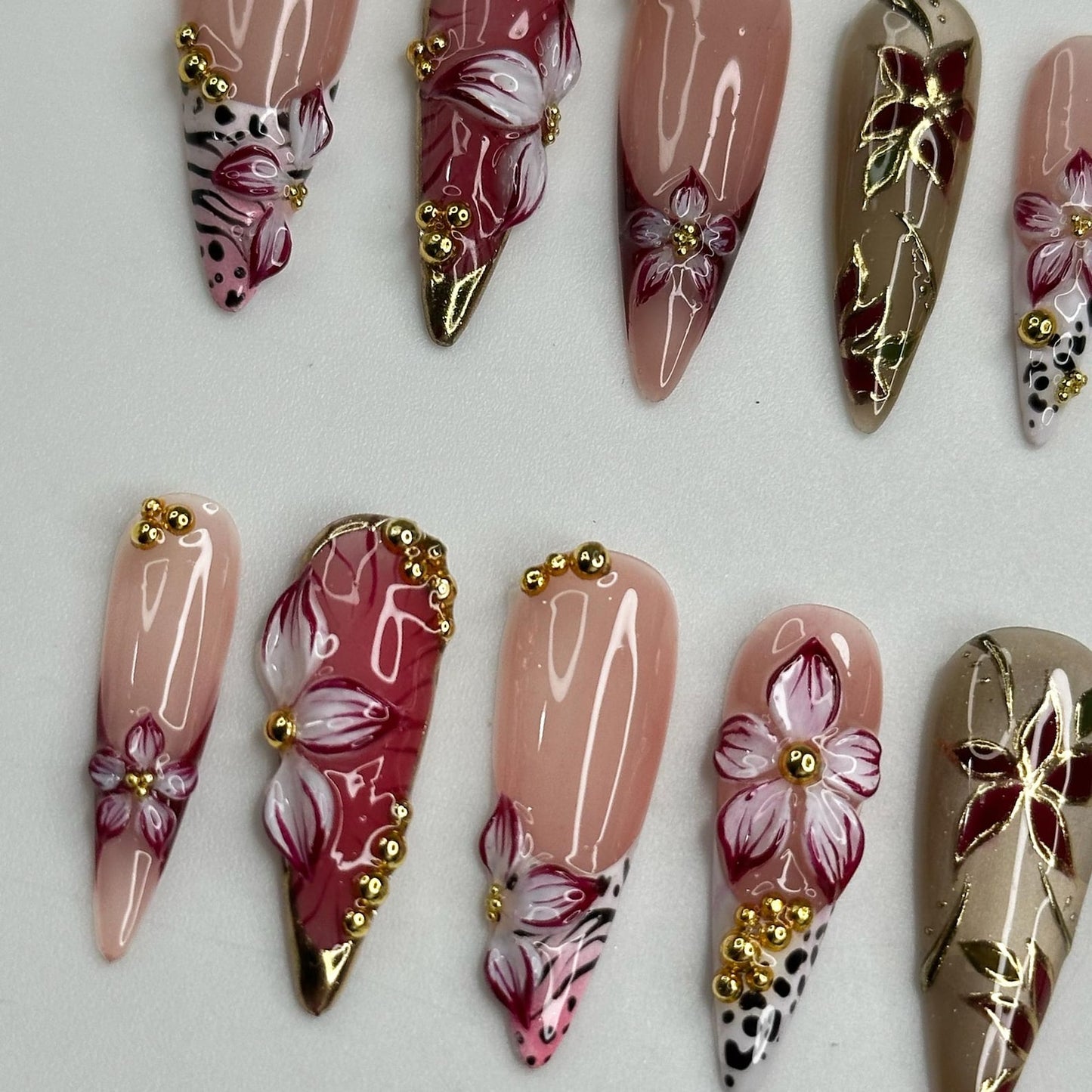 Burgundy Press On Nails Summer | Luxury Gyaru Stiletto Nails | 3D Flower Leopard Print Fake Nails | Dark Coquette Autumn Gift| OB409LK