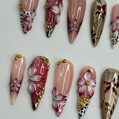 Burgundy Press On Nails Summer | Luxury Gyaru Stiletto Nails | 3D Flower Leopard Print Fake Nails | Dark Coquette Autumn Gift| OB409LK