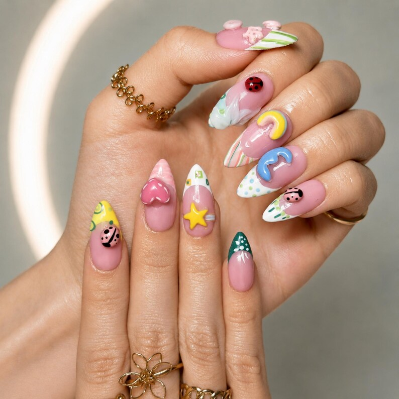 Cute 3D Ladybug Summer Press On Nails Almond • Tropical Pool Party Vibe • Rainbow Star Heart Charm • Colorful French Tip • OB1366DG