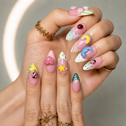 Cute 3D Ladybug Summer Press On Nails Almond • Tropical Pool Party Vibe • Rainbow Star Heart Charm • Colorful French Tip • OB1366DG