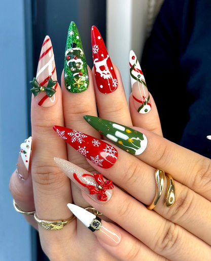 Cozy Knit Christmas Press On Nails | Red Green Holiday Nail Art |Festive Tree & Ribbon Design| Candy Cane And Snowflake Design | HB1195EK