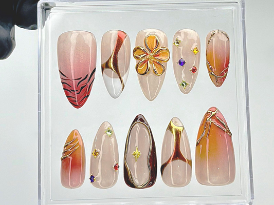Sunset Gold Press On Nails | Warm Ombre Floral Nail Art | Bronze & Orange Fake Nails | Shiny Sunset Ombre Nail Polish |Classy Nails |HC886YC