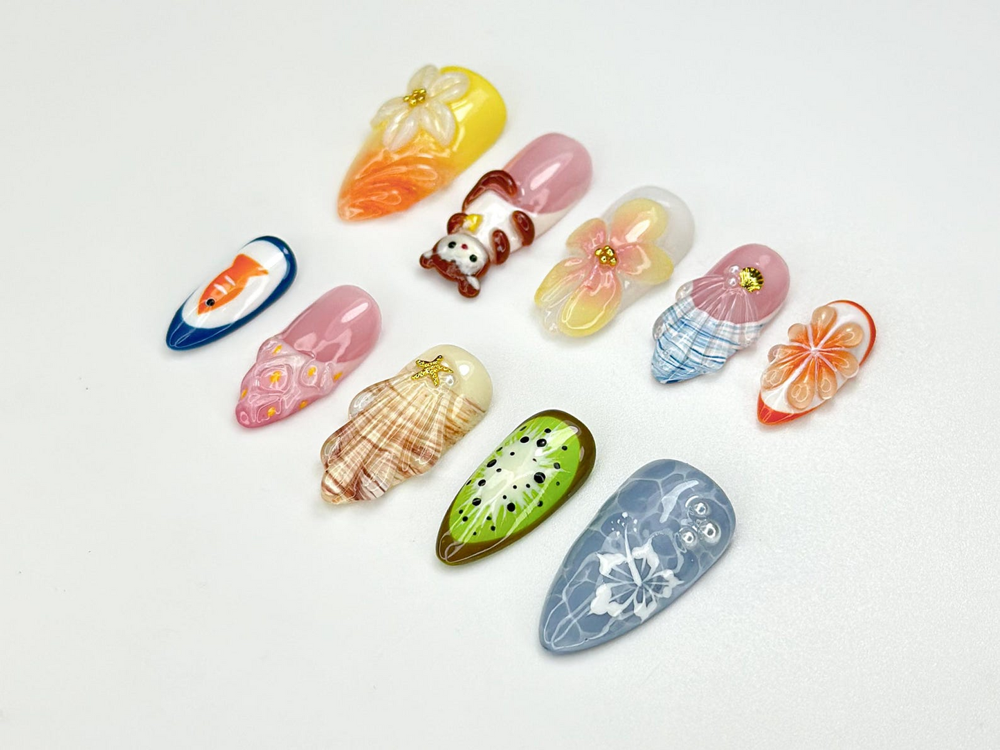 Summer Picnic Mokey Press On Nails | 3D Fruit & Flower Art |Fun Mismatched Vacation Nail Set | Playful Beach Picnic Nail| Cute Nails|JC976HC