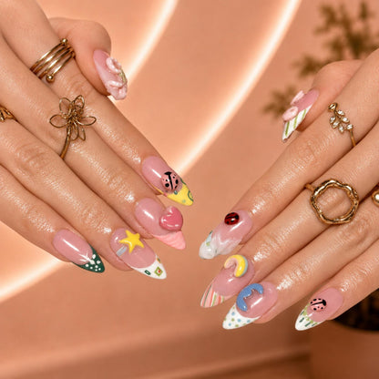 Cute 3D Ladybug Summer Press On Nails Almond • Tropical Pool Party Vibe • Rainbow Star Heart Charm • Colorful French Tip • OB1366DG