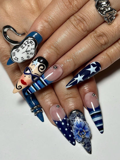 Abstract Blue Press On Nails | Modern Art Face & Clock Nails | Graphic Cartoon Nail Art | Star Stripe Nails | Handmade Press Ons | JB334IK