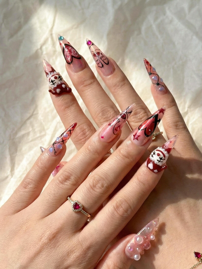 Gothic Valentine Clown Heart Press On Nails for Dark Romance Girls, Handmade Long Pink Chrome Fake Nails, Alternative Love Nail,JB278EC