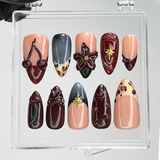 Cherry Blossom Burgundy Press On Nails | 3D Cherry Fake Nails | Dark Red Leopard Nail Art | Leopard Print Press Ons | Luxury Nails | HC708YK
