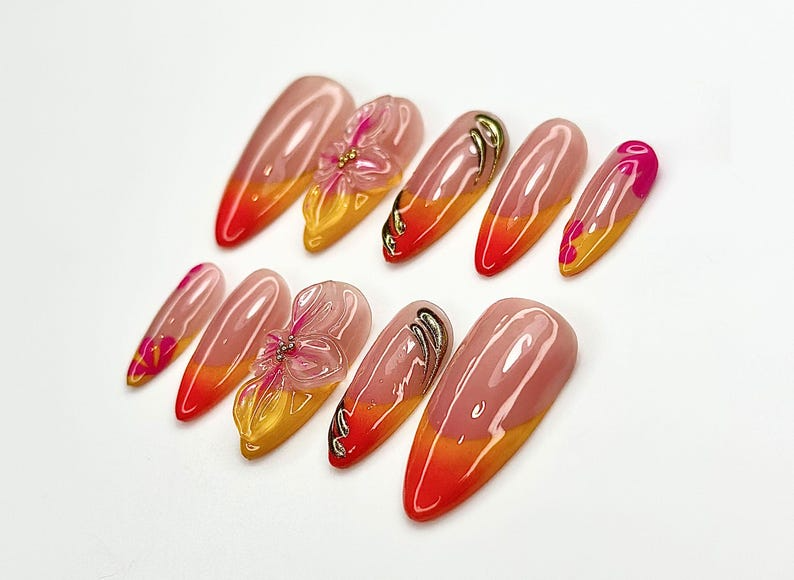 Floral Press On Nails | Handmade 3D Flower Nail Art | Summer Gradient Nail Tips | Ombre Sunset Colors | Custom Nails | JC905E