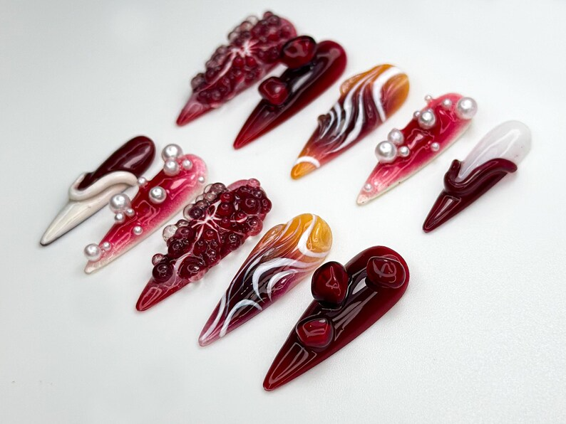 Pomegranate Lava Press On Nails | Deep Red Chrome Fruit Nails | 3D Pearl Fire Nail Art | Garnet Gradient Press Ons | Artistic Red | JB858H