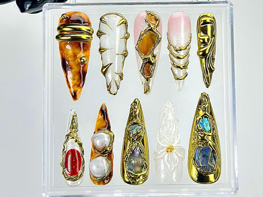 Gold Sculpture Press On Nails | Abstract Luxury Fake Nails | Metallic Stone Look Nail Art | Gold Detail Acrylic Nails |Luxury Nails |HB905YC