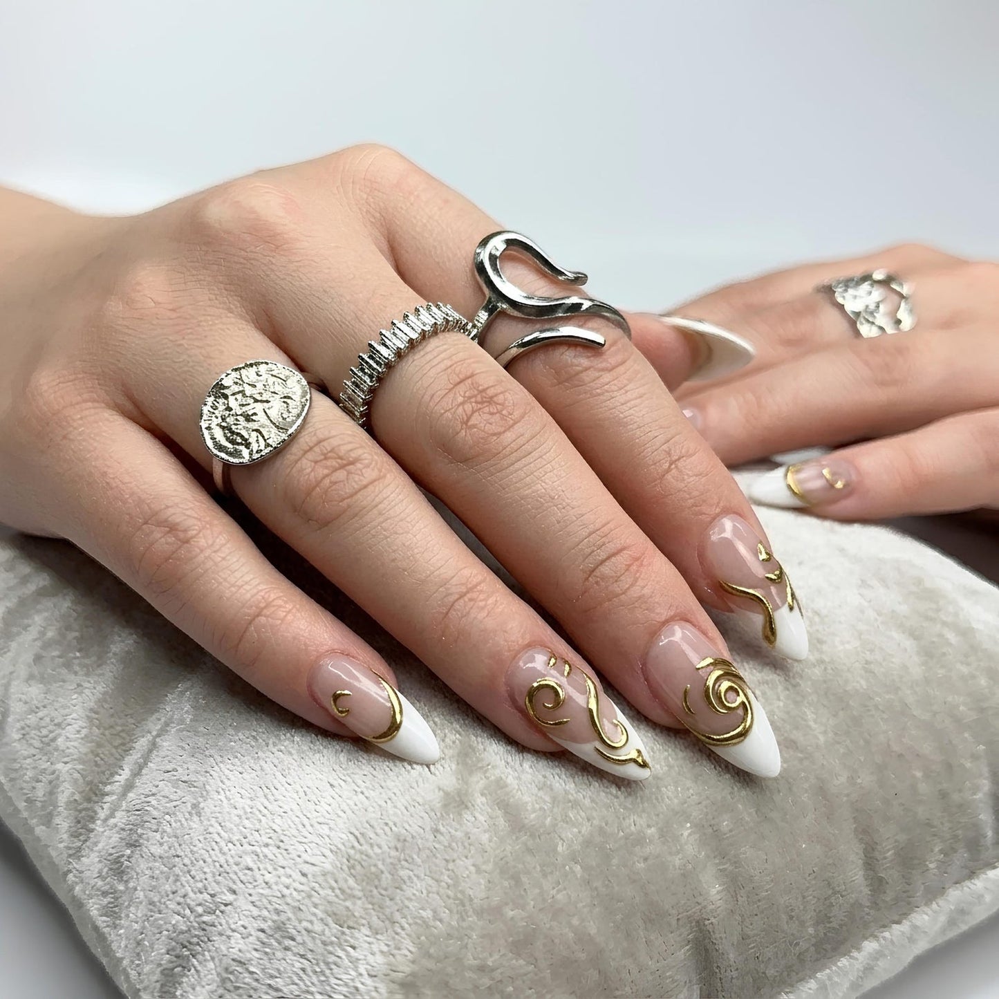 Gold Baroque Almond Press On Nails | Luxury 3D Chrome Bridal Wedding Nail Art | OB402LK