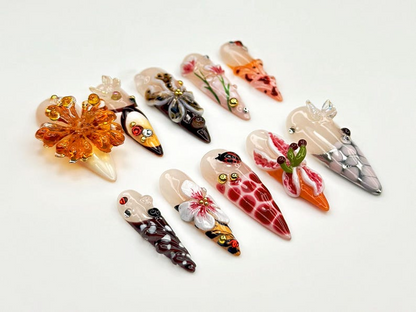 Colorful Summer Press-On Nails | Bold Wildflower Nail Art | 3D Butterfly & Flowers Nails | 3D Botanical Press Ons | Nature Nails | JB836YC