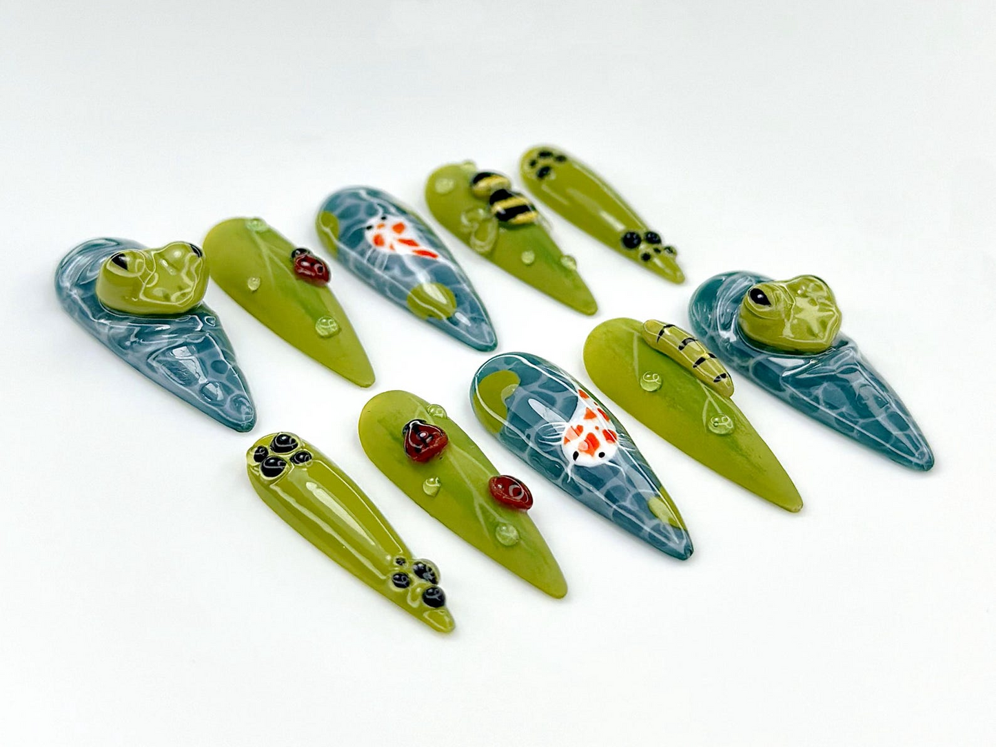 Frog Koi Pond Press On Nails | Garden Animal Nails for Summer Fake Nails | Whimsical Frog Nail Art | Unique Nature Press Ons | HB900YK