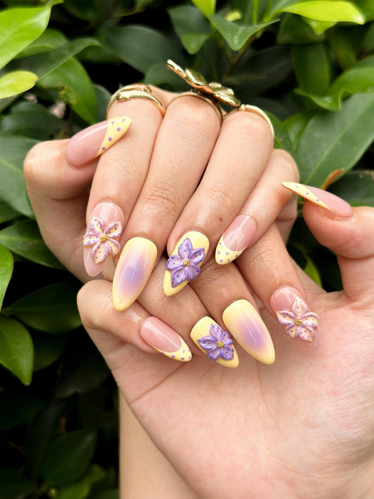 Pastel Sunset Bloom Press On Nails | 3D Purple Flower Nails | Yellow Ombre Nails | Soft Floral Nail Art | Elegant Almond Nails | JB848NC