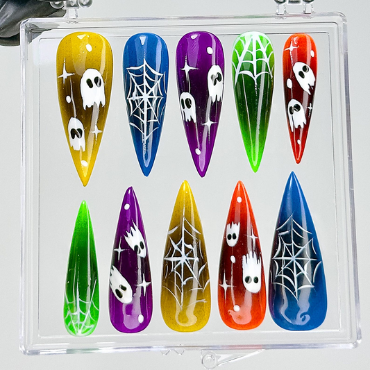 Halloween Ghost Press On Nails | Colorful Spider Web Fake Nails | Long Stiletto Creepy Cute Nail Art | Colorful Festival Press Ons | HB72YC