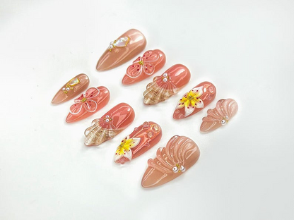 Satin Blossom Shell Press On Nails | Nude 3D Flower & Shell Art | Sculpted Textured Gel Accents | Soft Beige and Peach Tones | JC106EC