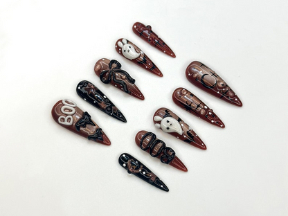 Boo Ghost Bunny Press On Nails | Cute Halloween Nail Set | Handmade Brown Nude Nails | Spooky Fun 3D Bow Nail Art | HC1155BC
