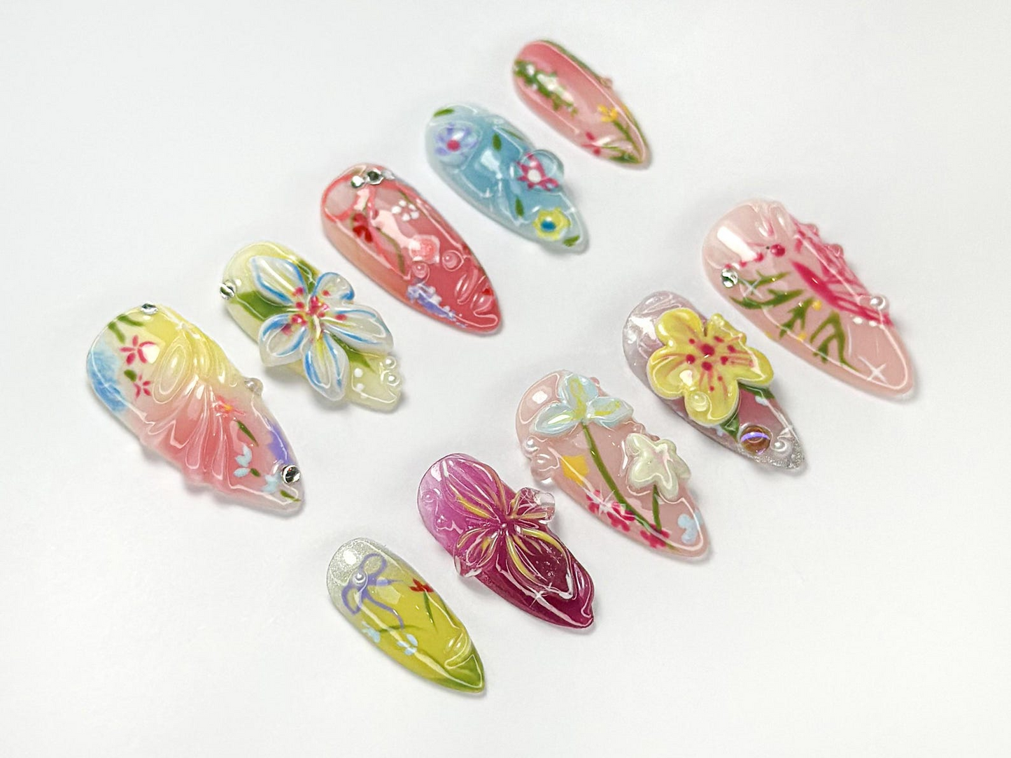 Spring Garden Bloom Press On Nails | Colorful Floral 3D Nail Art | Soft Pastel Press Ons | Handmade Elegant Set for Spring & Summer|JB751HK