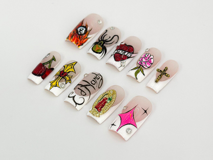 Old School Tattoo Press On Nails | Traditional Tattoo Nail Art | Rock And Roll Nails | Flame & Spider Design | Gothic Nail Set| JB674HK