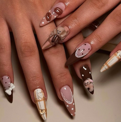 Teddy Bear Autumn Press On Nails | Fall & Autumn Coffee Nails | Cute Bear Nail Art | Plaid Neutral Nails | Handmade Luxury Nails |JB209EC