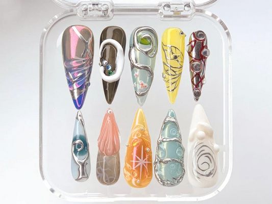 Vibrant 3D Fashion Press On Nails | Bold 3D Art Nail Polish | Unique Sculptural Nails | Gallery-Ready Press Ons | Standout Acrylic | HB483YC