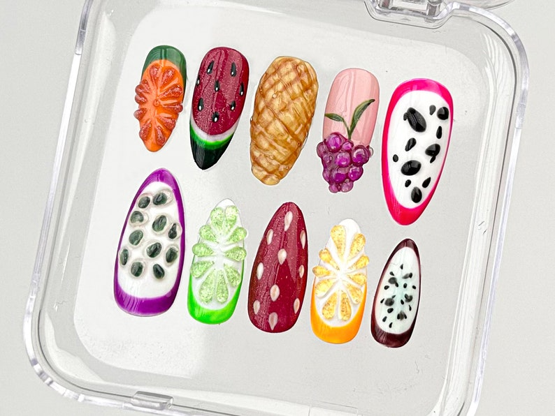 Fruit-themed Press On Nails for a Splash of Color | Tropical Delight On Fake nails | Vibrant Fruit Delight Nail Art | Acrylic Nails | HB360T