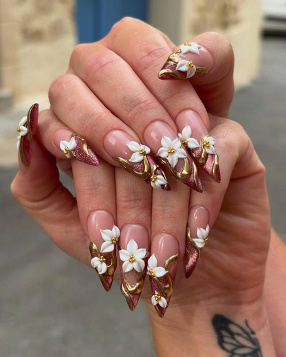 Bold Red Floral Press On Nails | Red Nude Gradient Nails | 3D White Floral & Gold Accents | Statement Autumn Nails | JB177EC