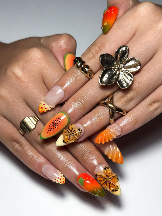 3D Papaya Fruit Nails | Tropical Leopard Floral Press Ons, Summer Foodie Art | JB337IK