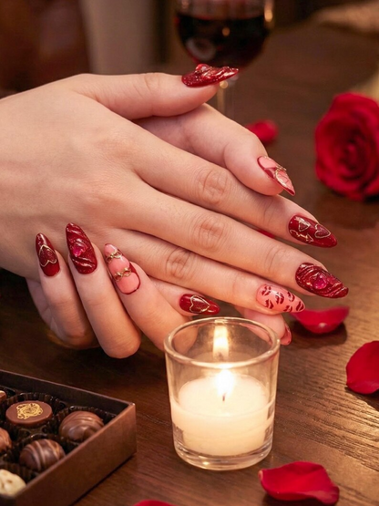 Ruby Kiss Valentine Press On Nails | 3D Heart Valentine Long Nails | Red Pink Ribbon Nail Art | Luxury Love Statement Set | JB273EC