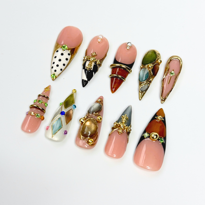 Luxury Press On Nails with Gemstone Charms | Vintage Gold Fake Nails in Long Almond | Handmade Statement Nails for Wedding, Party OB1111L