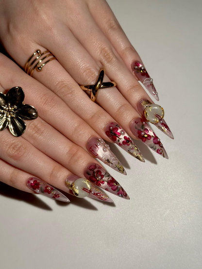 Handmade Cherry Blossom Press On Nails, Asian Inspired Luxury 3D Jade and Gold Leaf Nails, Elegant New Year Luxury Fake Nails, DB1021HC