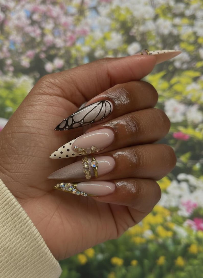 Butterfly Elegance Luxury Press On Nails | Nude Gold Crystal Nail Set | Crystal Wing Nail Art | Spring Butterfly | JB269EC