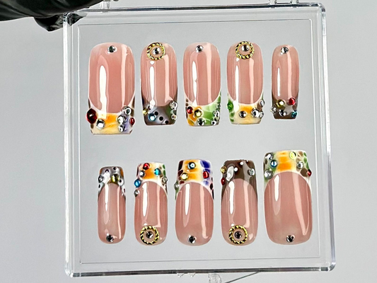 Glam Rhinestone Press On Nails by HudiNails | Nude & Colorful Gem Nail Set |Nude with Sparkle Gems Nail Art |French Tips Fake Nails|HC789YK