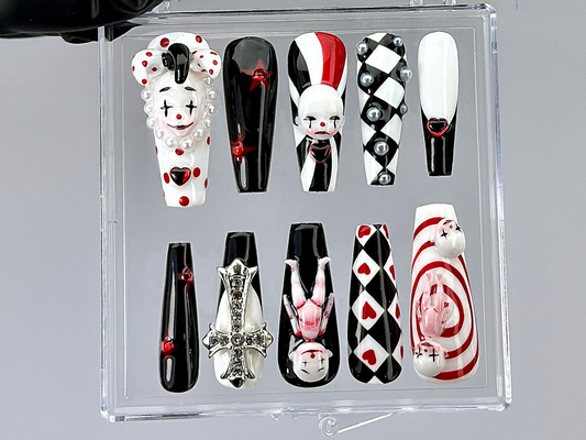 Gothic Clown Press On Nails by DoryNail | Horror Harlequin Fake nails | Creepy Cute Nail Art | Black Red White 3D Dolls Nails | HB806YK