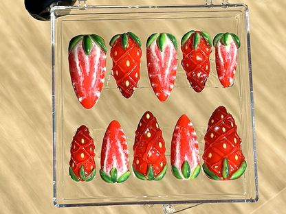 Juicy Strawberry Press On Nails | Summer 3D Fake nails| Free Style Summer Fruit Nail Art | Kawaii Nails | Cute Kawaii Press Ons | HB936YC